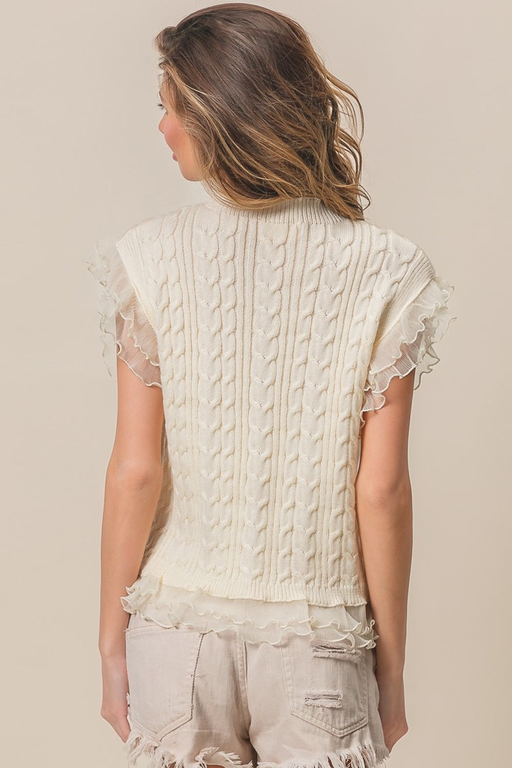 BiBi Layered Chiffon Edge Cable Knit Top