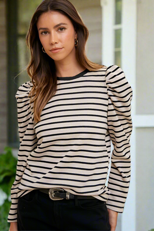 Annie Wear Striped Round Neck Puff Sleeve French Terry Top