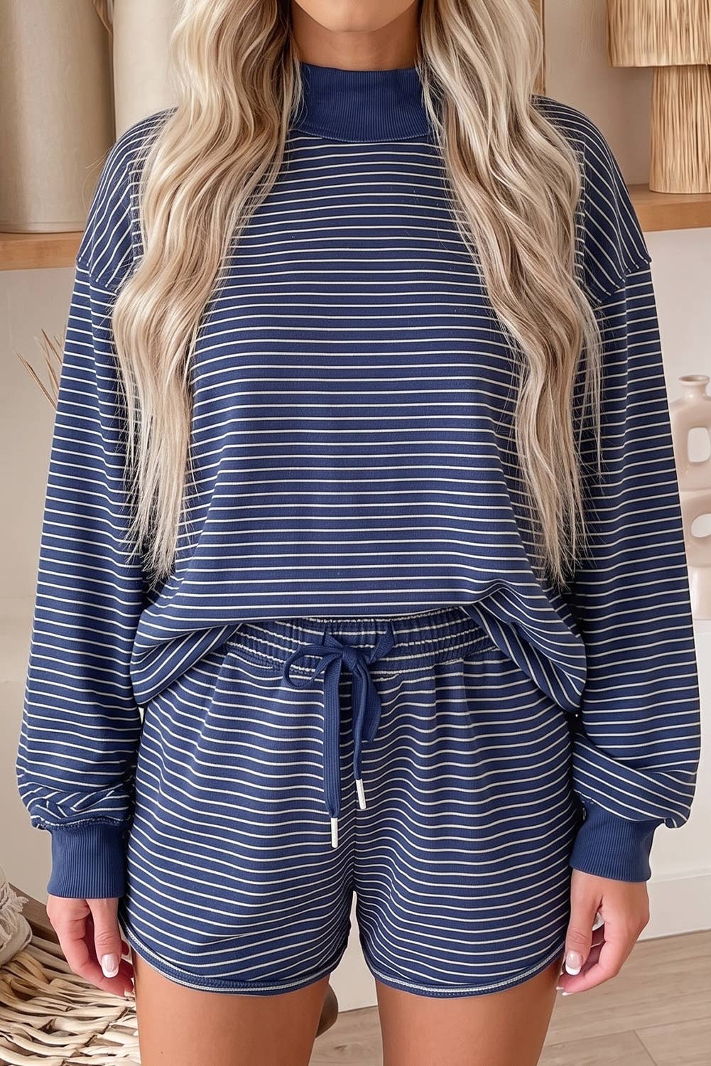 66 Stripe Mock Neck Pullover Matching Shorts Set