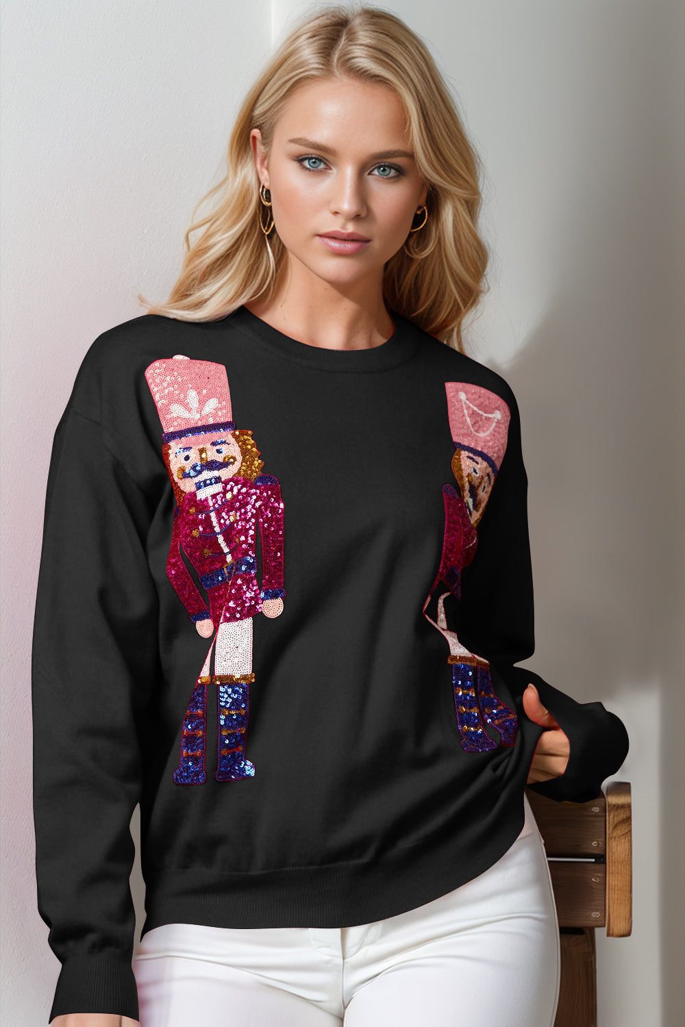 Double Take Nutcracker Sequin Long Sleeve Sweater