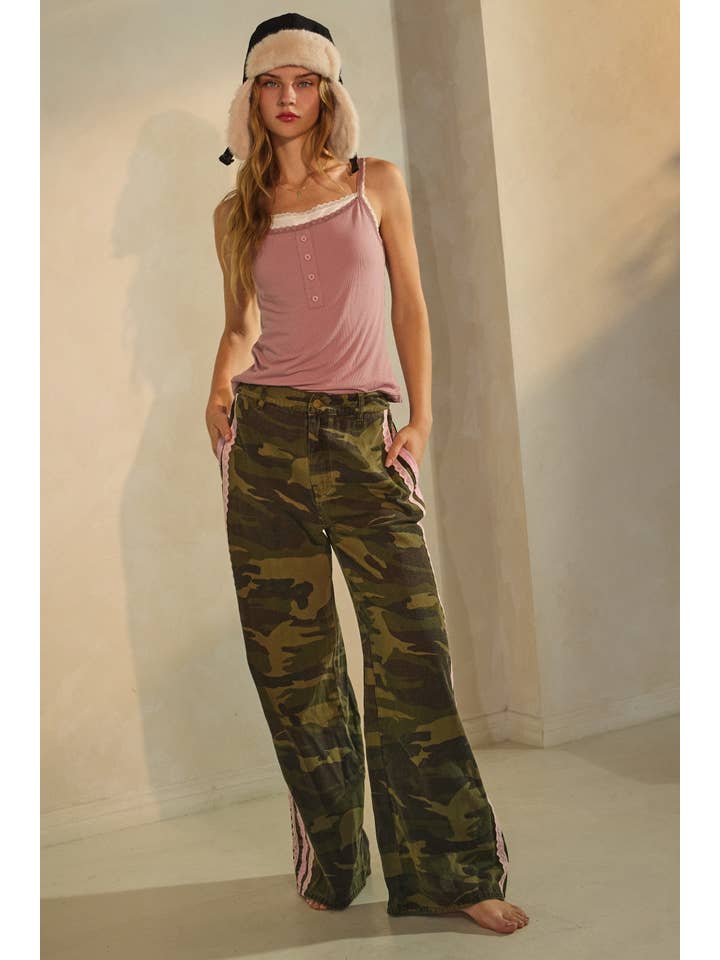 Washed Camo Printed Cotton Pants