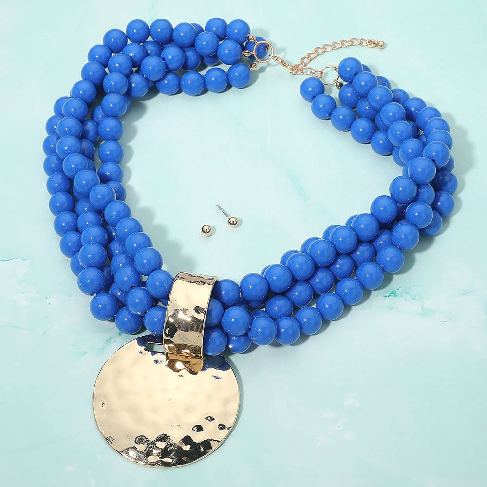 Bold Hammered Disc Plate Pendant Accent Multi Strand Beaded Statement Necklace