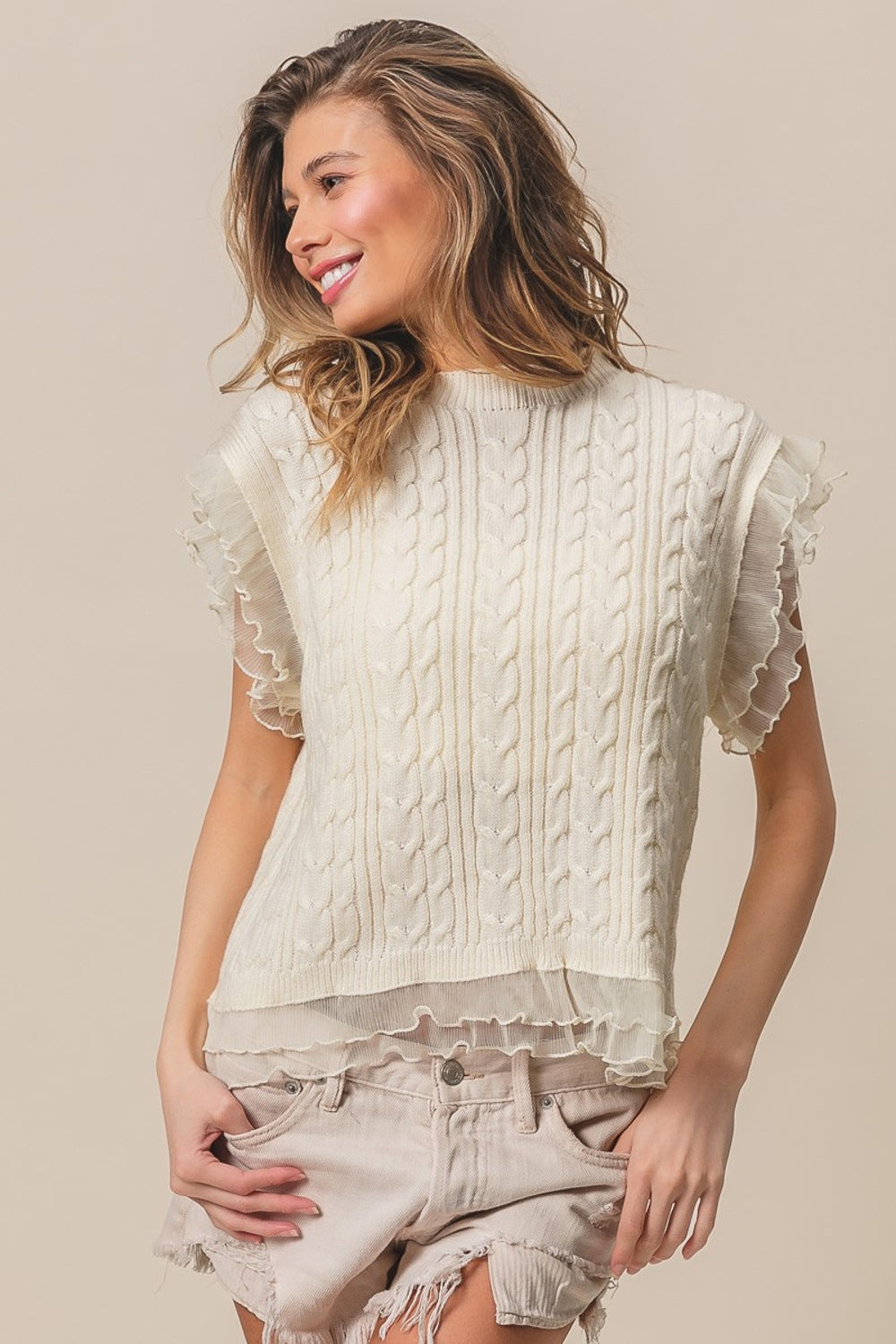 BiBi Layered Chiffon Edge Cable Knit Top