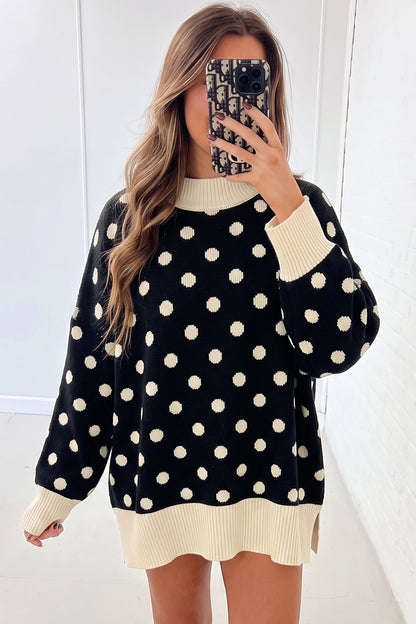 Green Polka Dot Pattern Ribbed Colorblock Trim Split Tunic Sweater