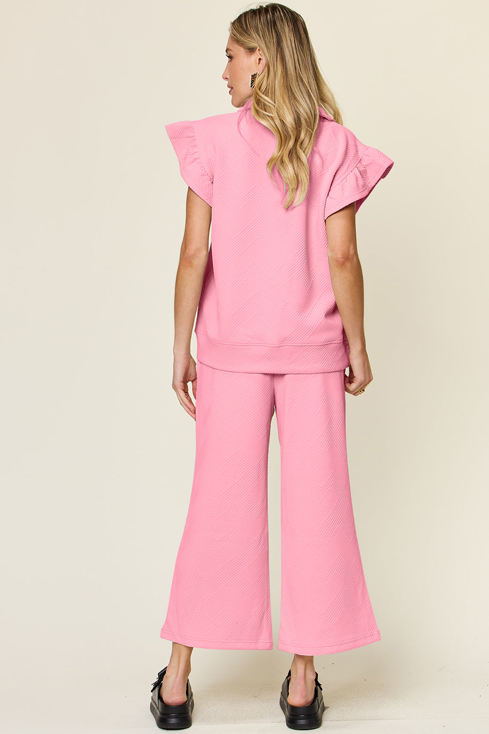 Double Take Texture Ruffle Wide Leg Pants Set