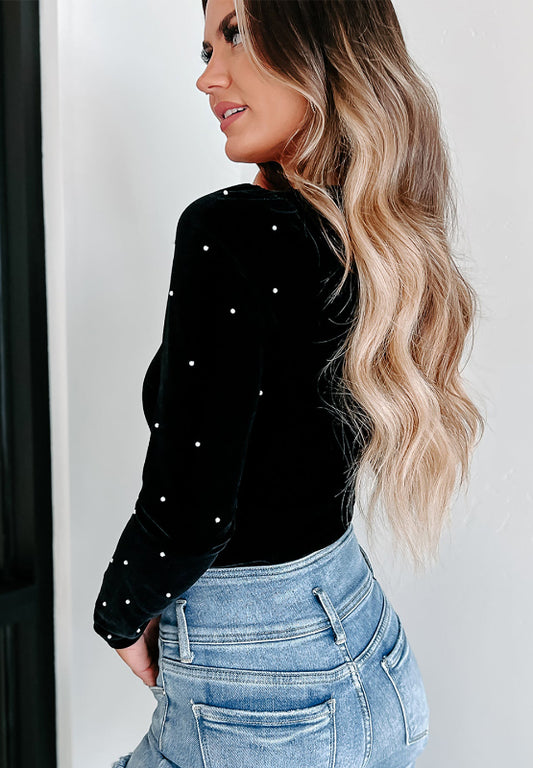 Pearl Details Velvet Bodysuit