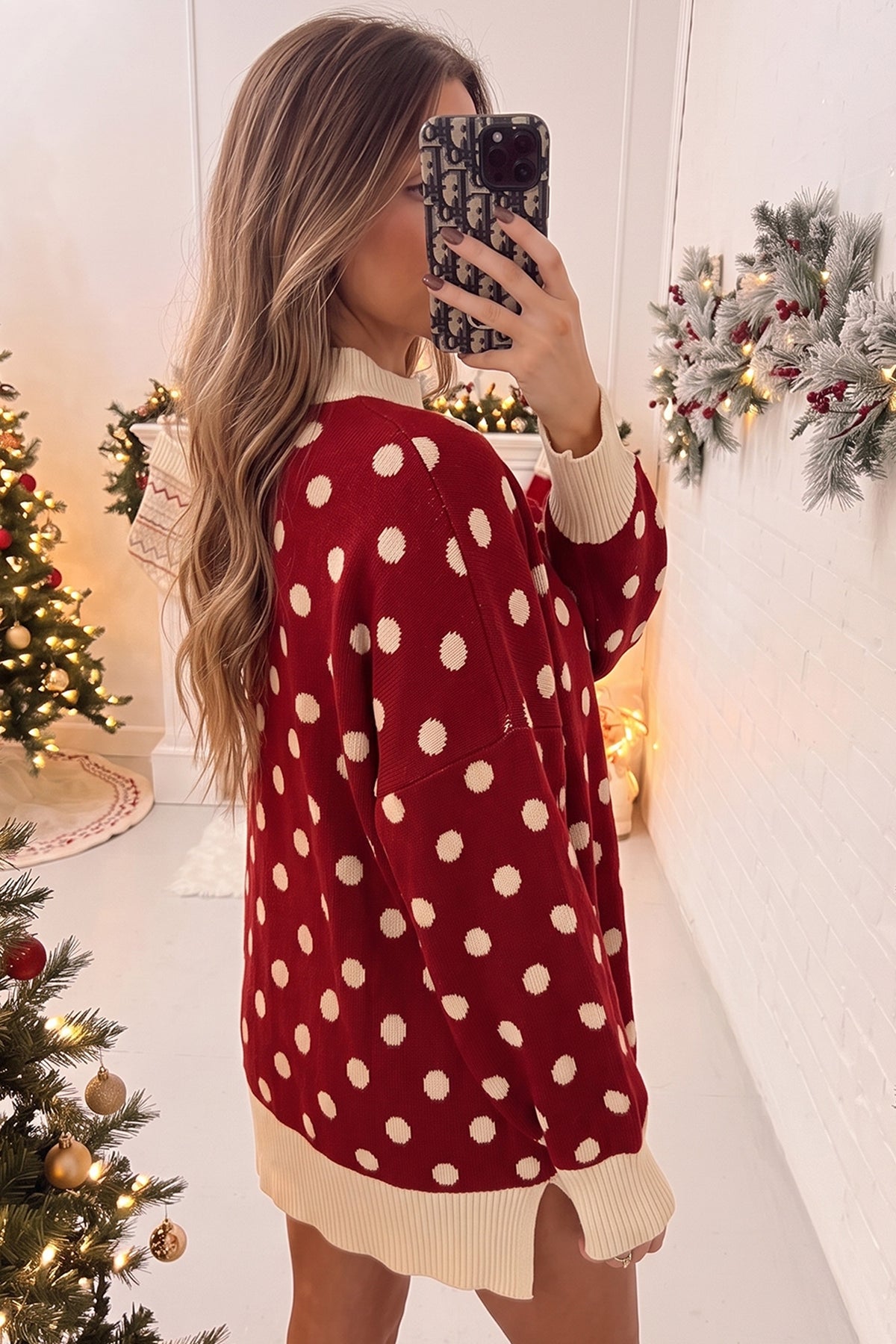 Green Polka Dot Pattern Ribbed Colorblock Trim Split Tunic Sweater