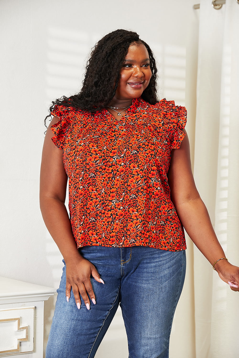 Double Take Floral Flutter Top