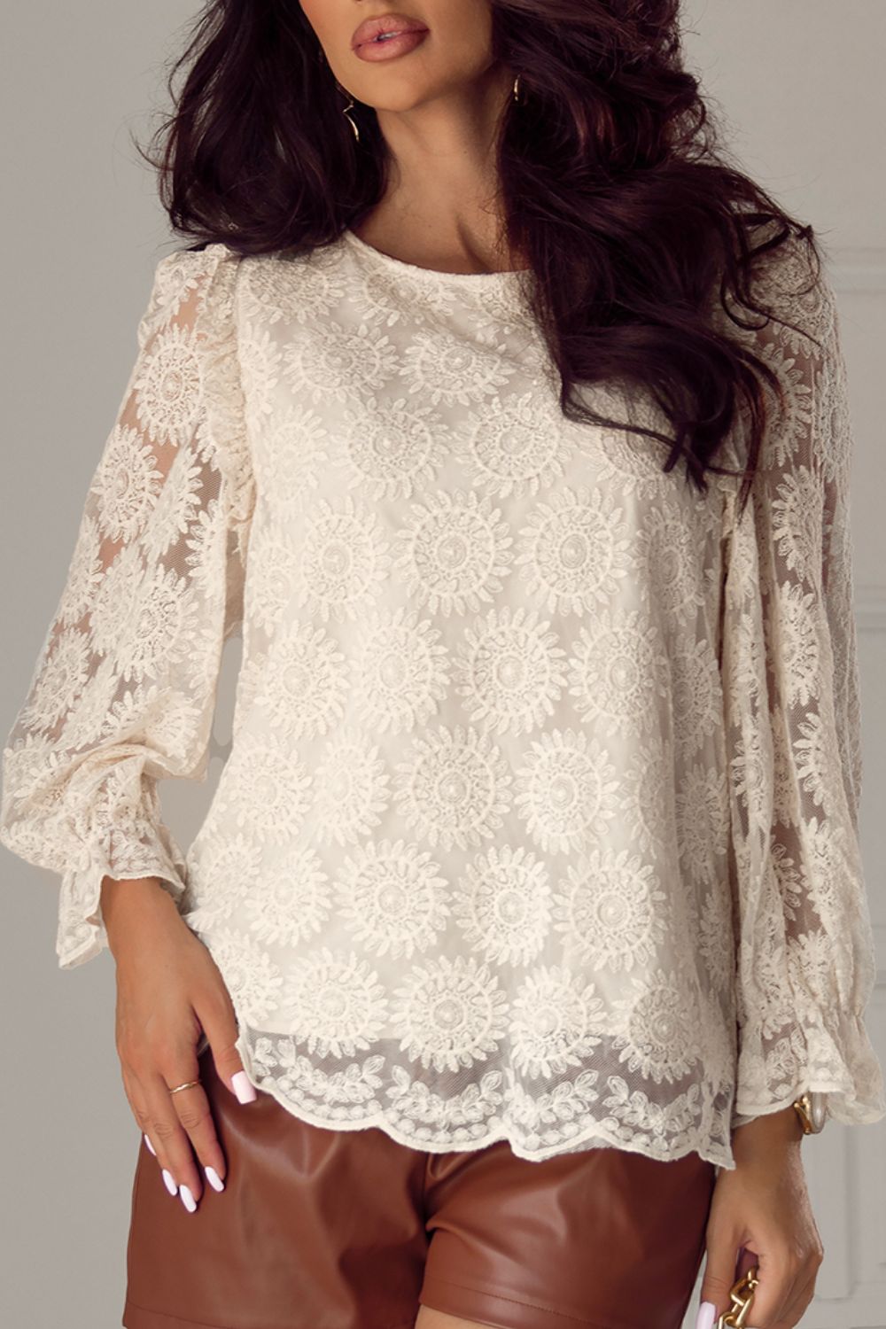 Flower Jacquard Flounce Sleeve Top