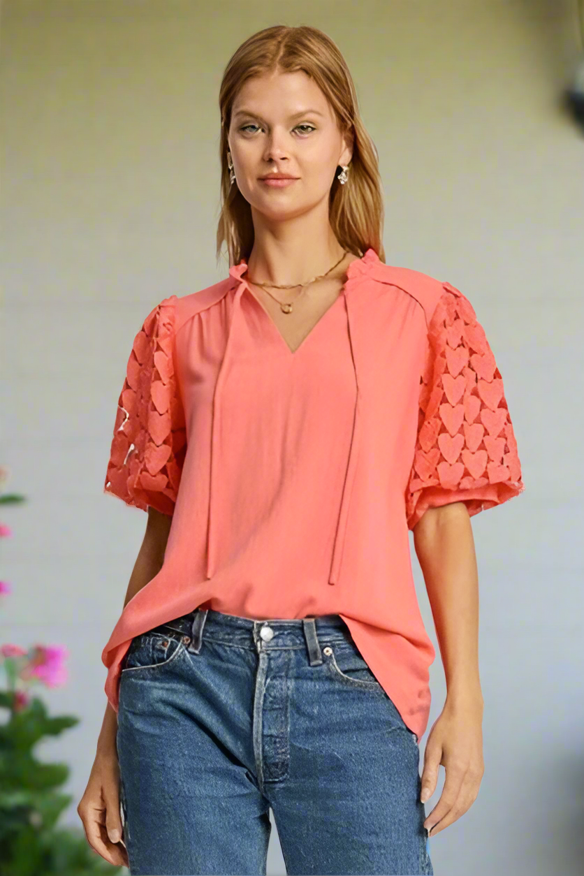 Umgee Full Heart Lace Sleeve Ruffle Top