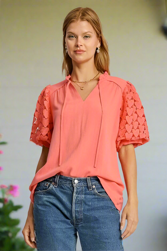 Umgee Full Heart Lace Sleeve Ruffle Top