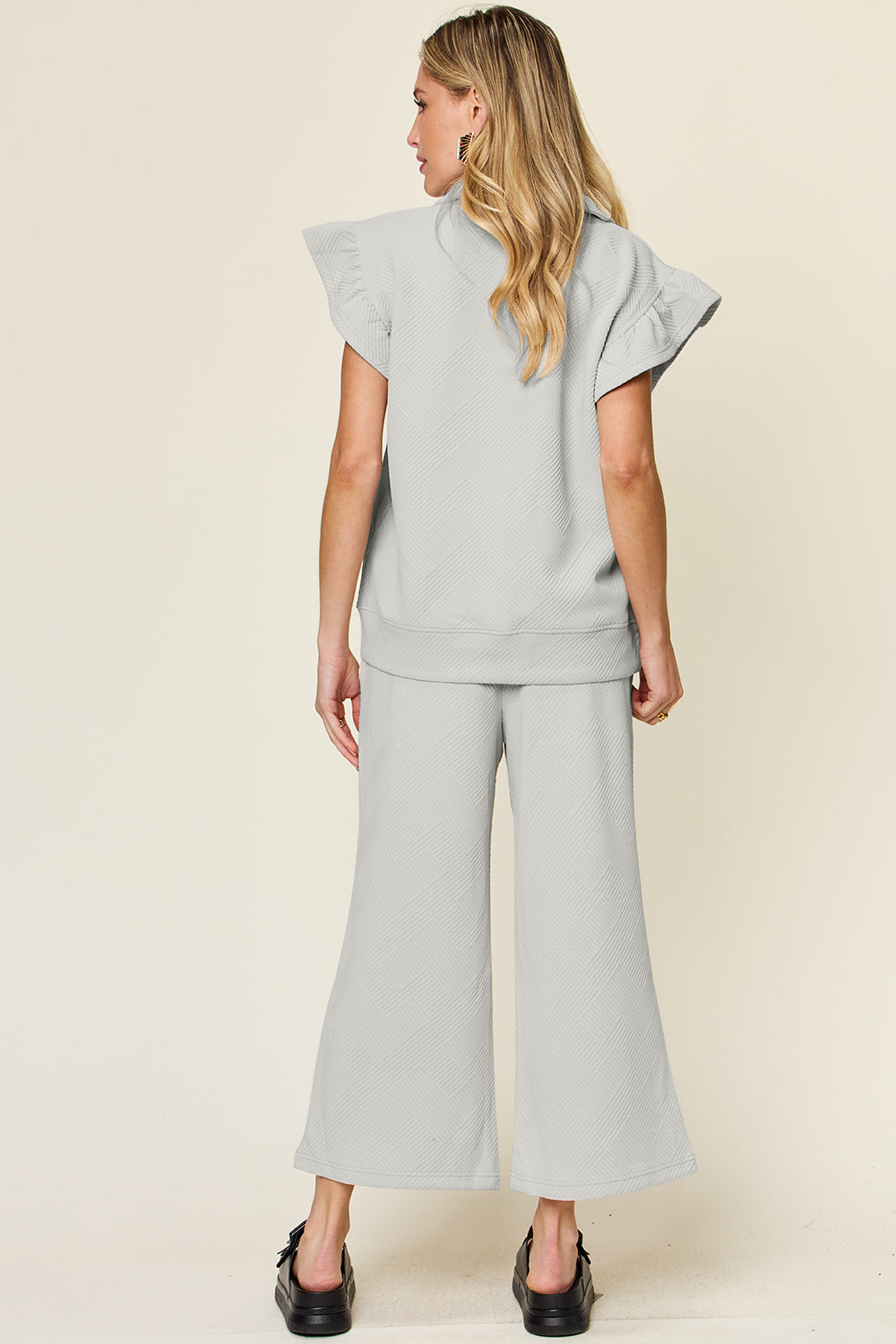 Double Take Texture Ruffle Wide Leg Pants Set