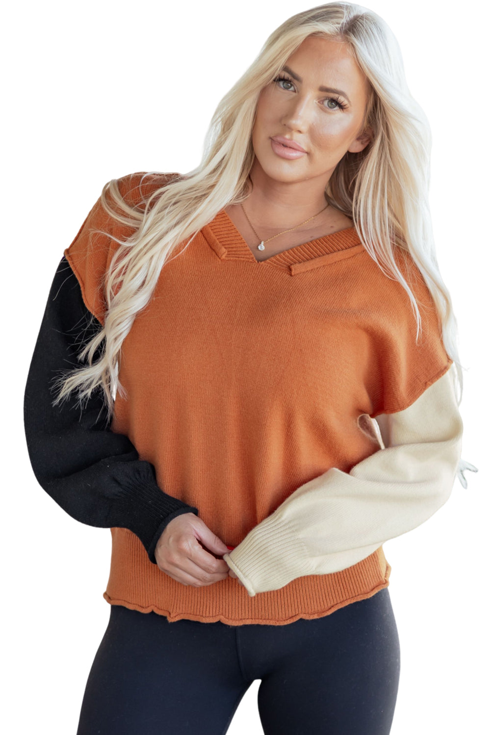 Colorblock Raw Edge Bubble Sleeve V-Neck Sweater