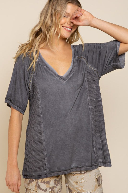 Find Your Way Waffle Mixed Knit Top