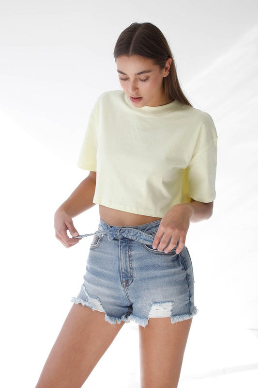 Tie Front High Waisted Denim Shorts