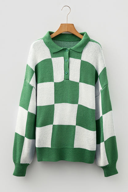 Light French Beige Checkered Pattern Polo Collar Loose Sweater