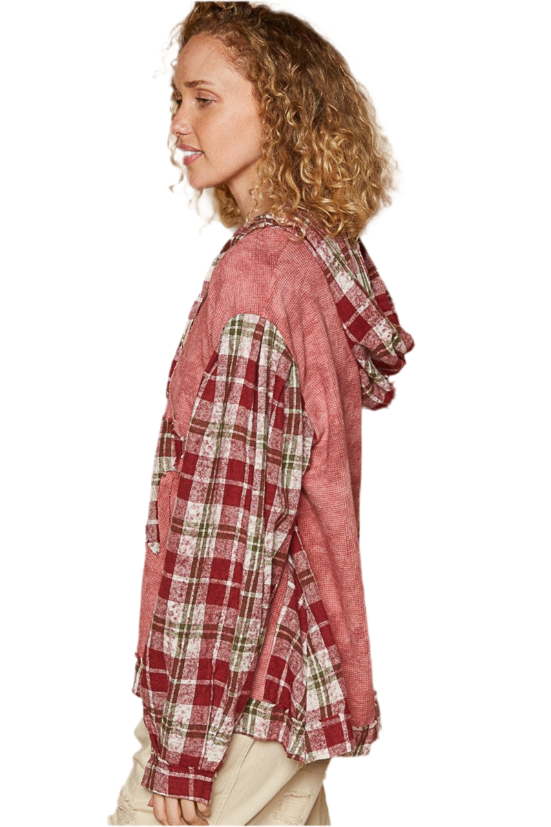 POL Star Patch Plaid Long Sleeve Hooded Top