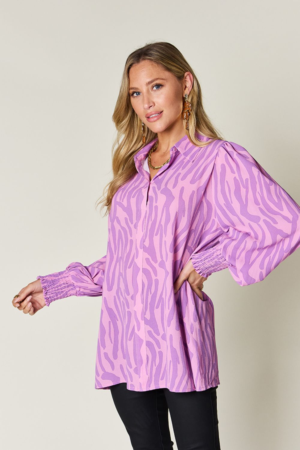 Isaac Double Take Printed Smocked Long Sleeve Blouse