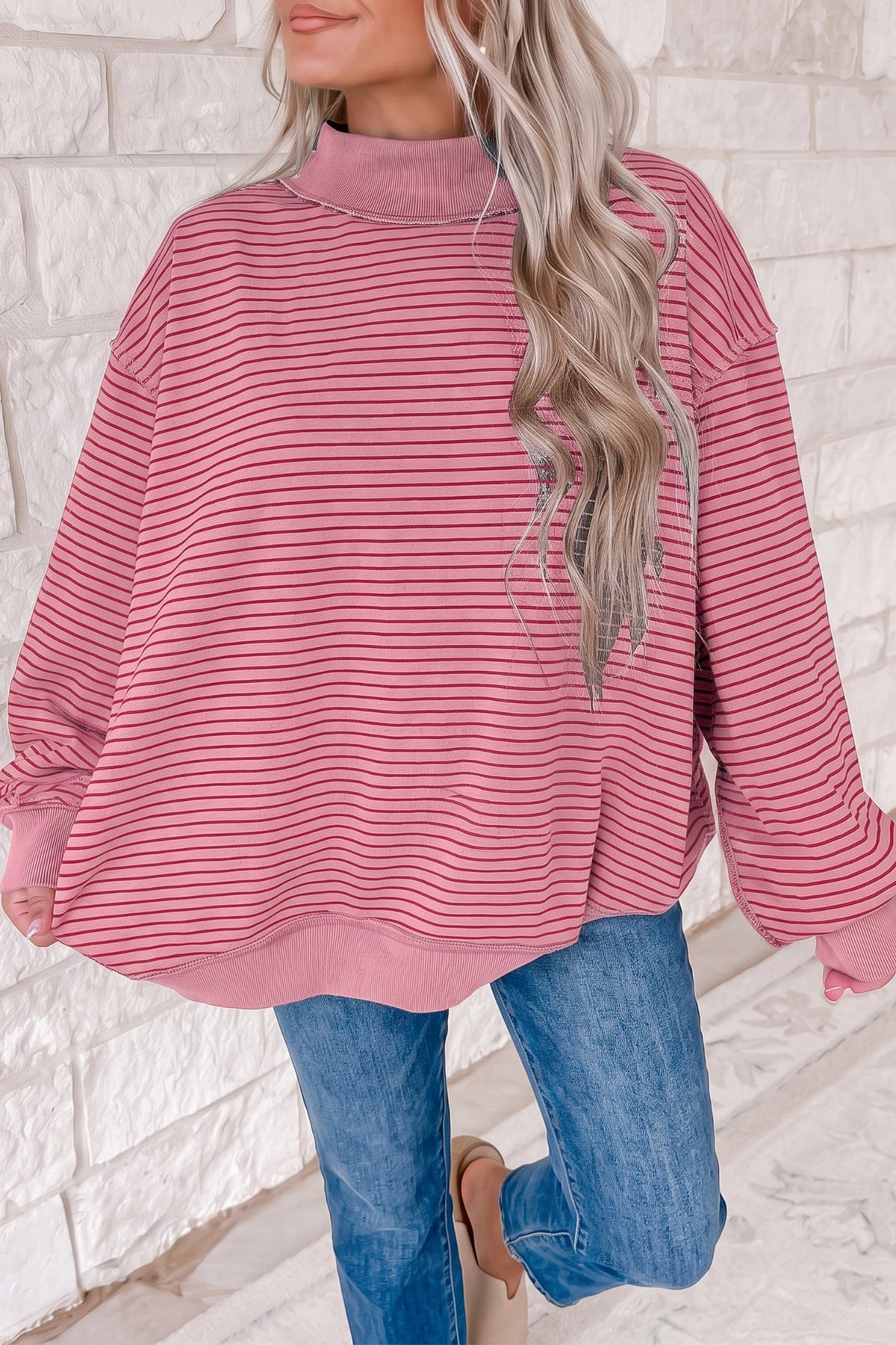 Expect The Best Ribbed Mock Neck Oversized Sweatshirt Top
