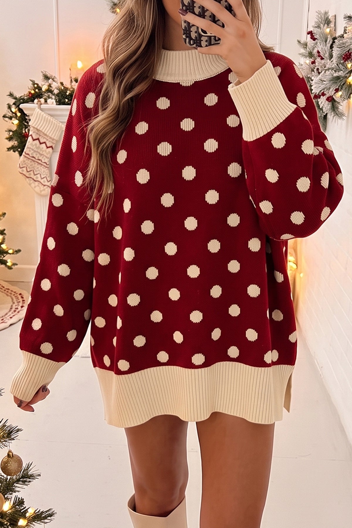 Green Polka Dot Pattern Ribbed Colorblock Trim Split Tunic Sweater