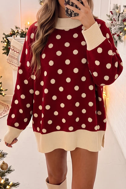 Green Polka Dot Pattern Ribbed Colorblock Trim Split Tunic Sweater