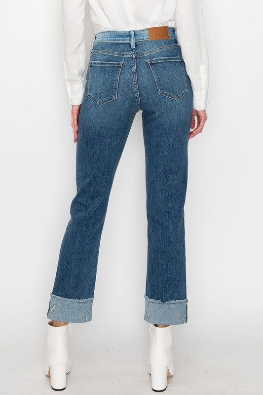 High Rise Color Block Cuffed Slimming Jeans