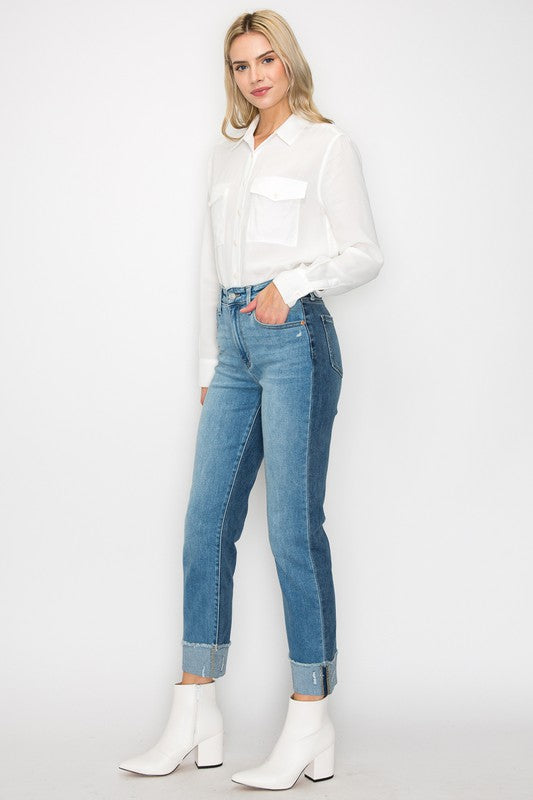 High Rise Color Block Cuffed Slimming Jeans