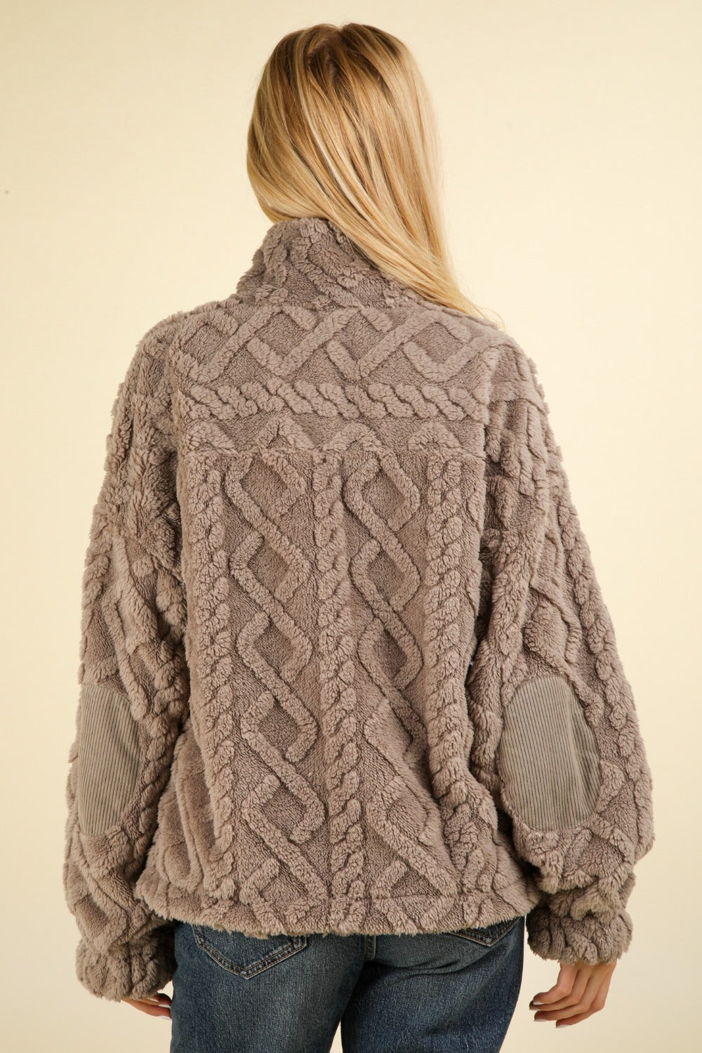 VERY J Fuzzy Fleece Half Zip Cable Knit Pullover