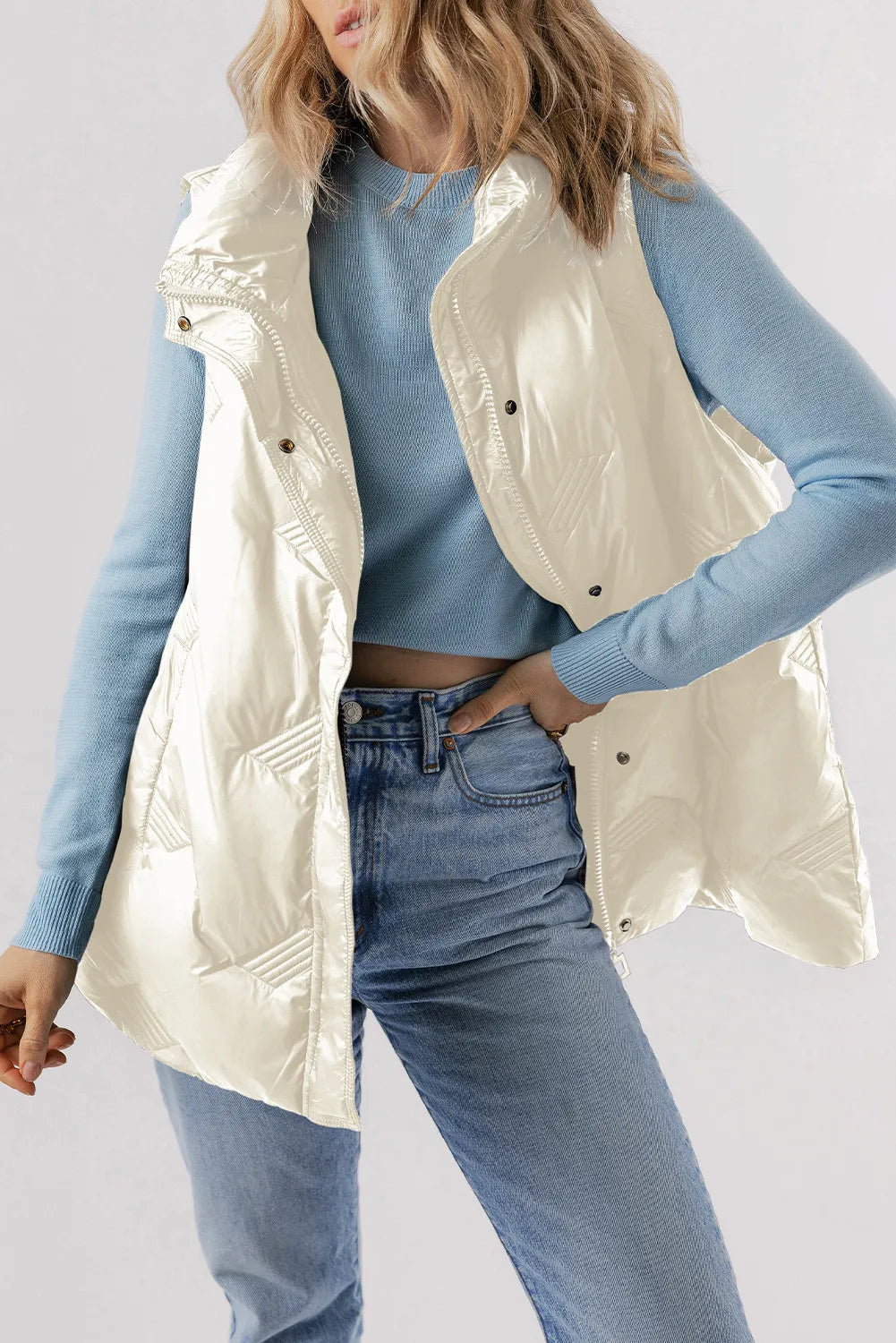 Fan Favorite Pocketed Textured Zip Up Vest Coat