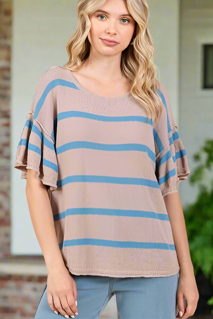 Summer Stripes Flounce Sleeve Knit Top