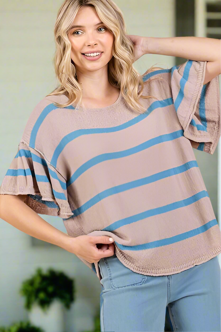 Summer Stripes Flounce Sleeve Knit Top