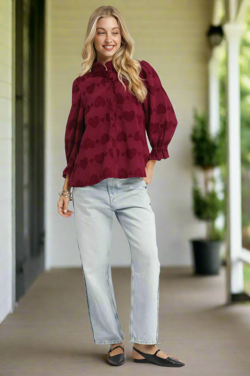 Umgee Heart Jacquard Ruffle Trim Shirt