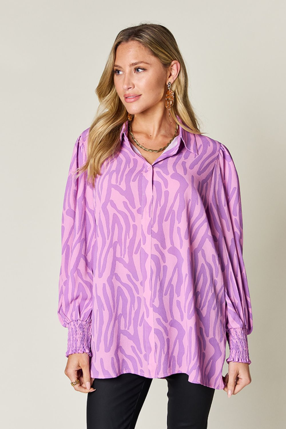 Isaac Double Take Printed Smocked Long Sleeve Blouse