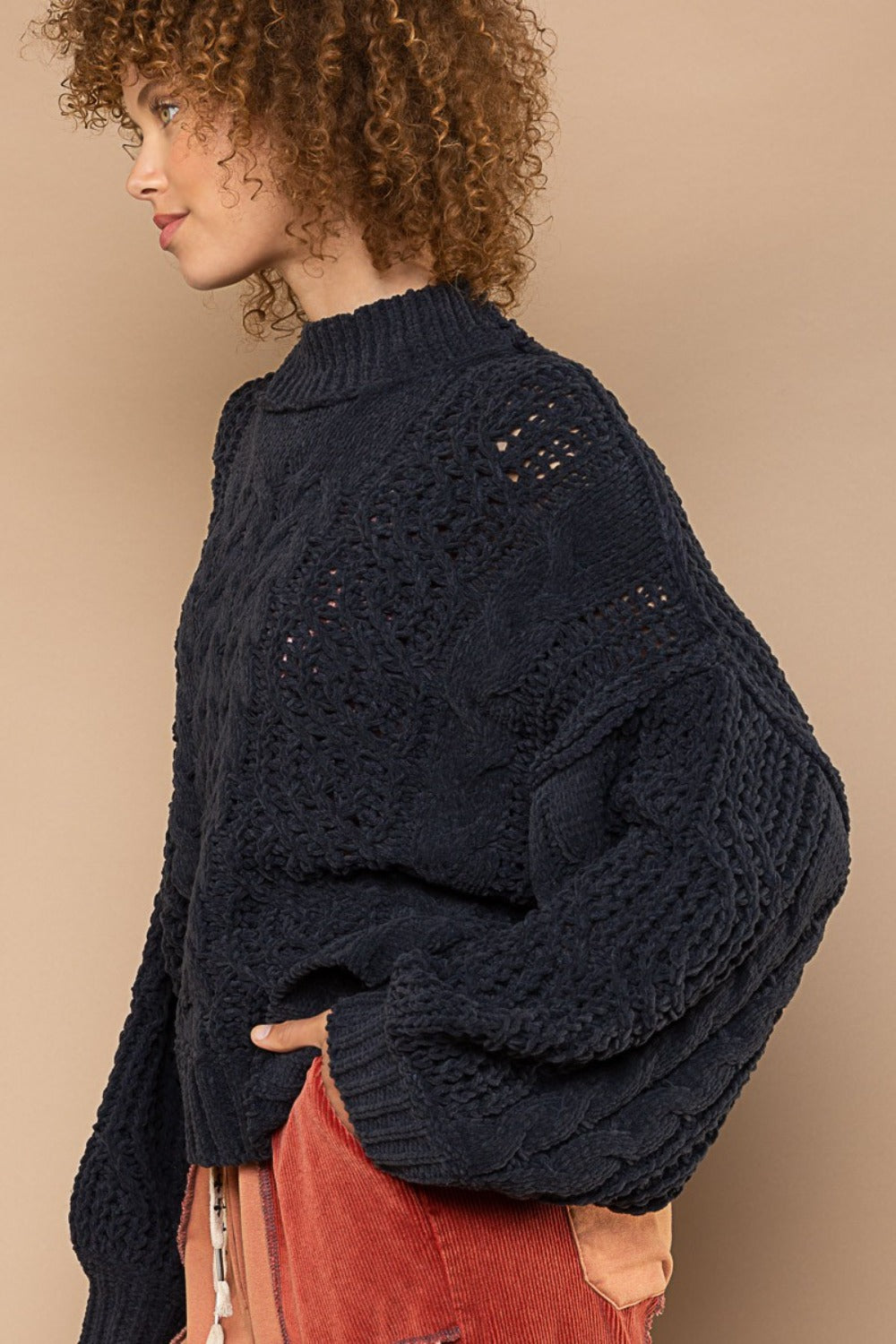 POL Mock Neck Cable Knit Sweater