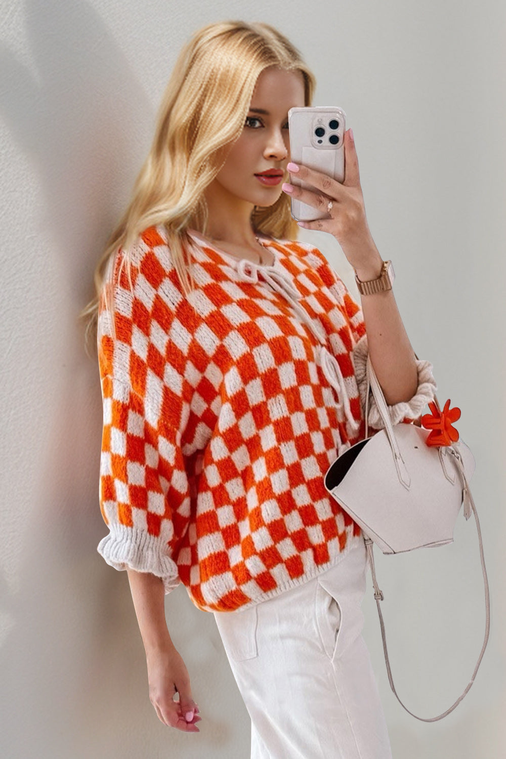 Double Take Tied Checkered Dropped Shoulder Flounce Sleeve Cardigan