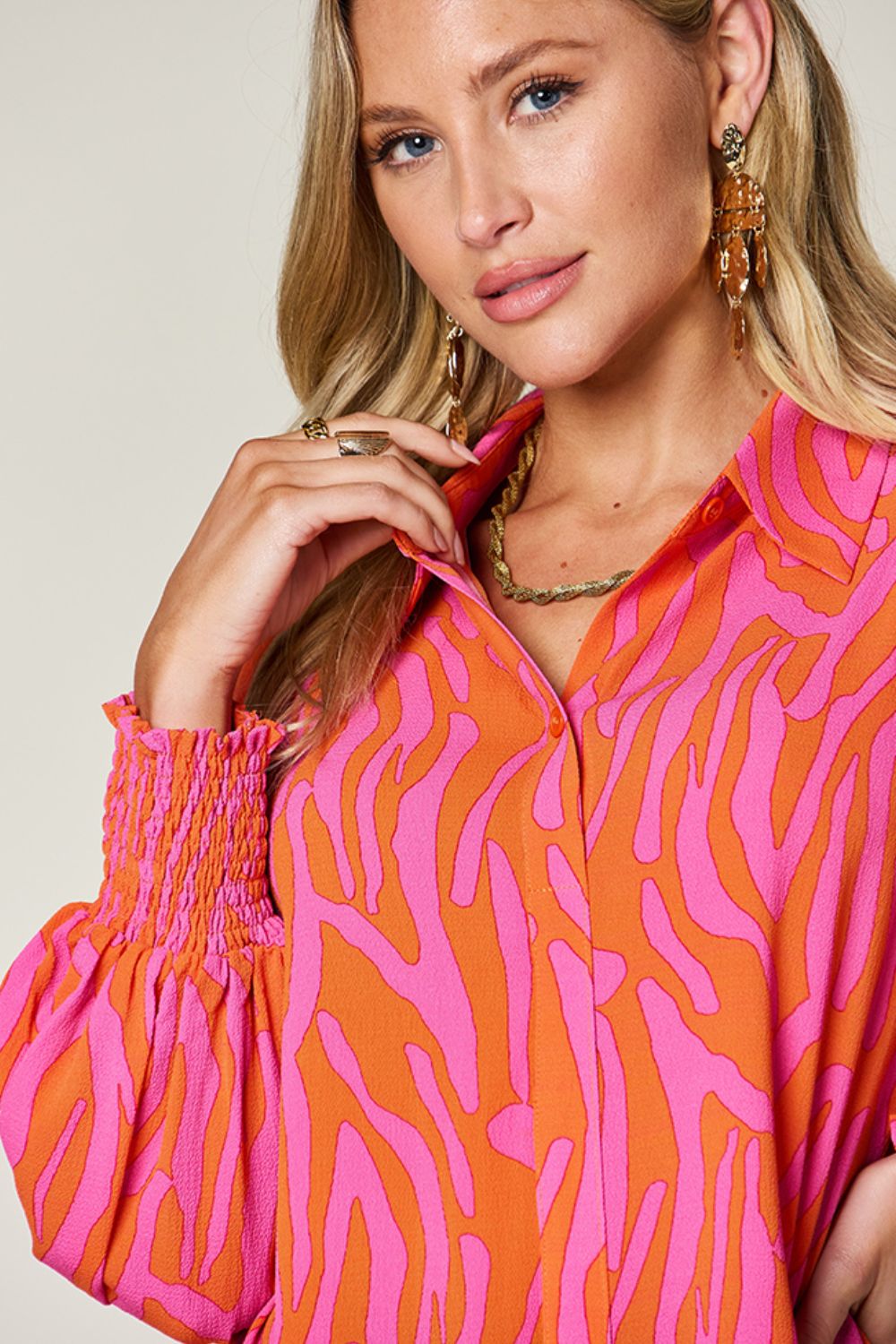 Isaac Double Take Printed Smocked Long Sleeve Blouse