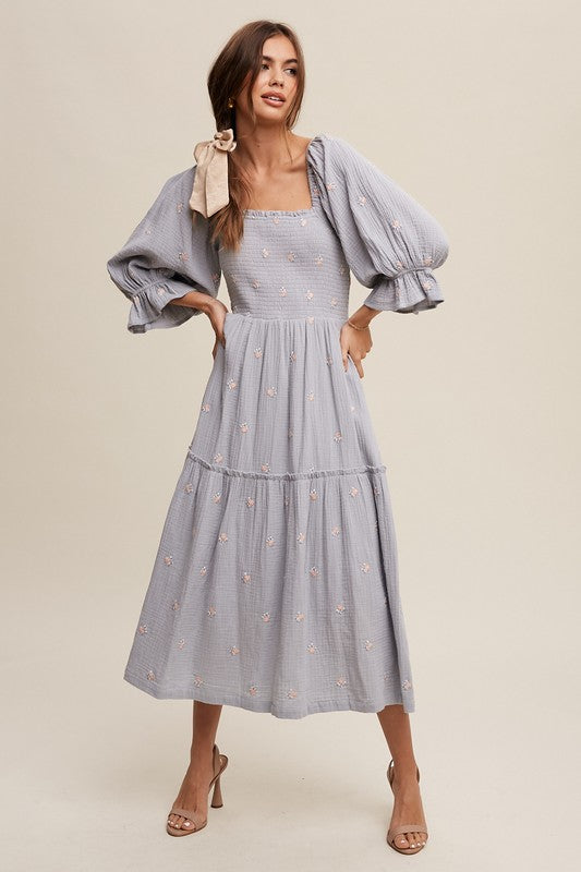 Kanna Ditzy Floral Embroidery Puff Sleeve Maxi Dress