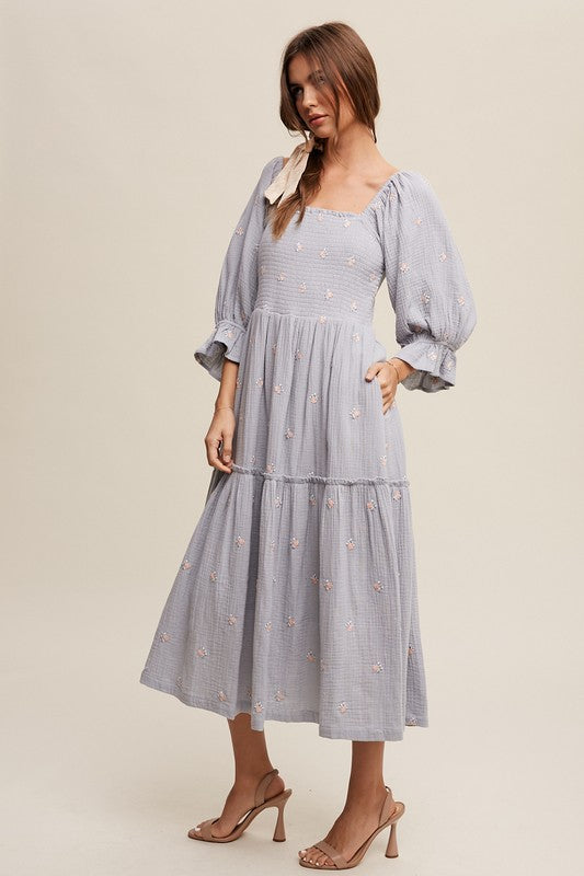 Kanna Ditzy Floral Embroidery Puff Sleeve Maxi Dress