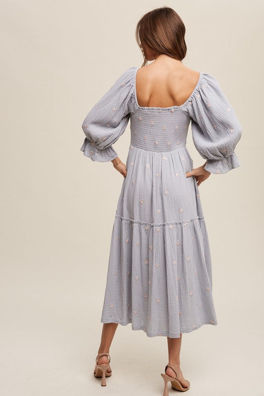 Kanna Ditzy Floral Embroidery Puff Sleeve Maxi Dress