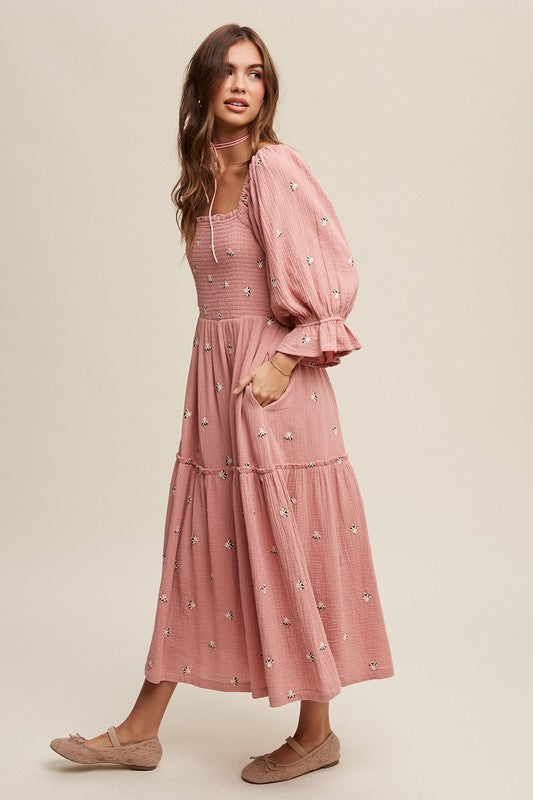 Kanna Ditzy Floral Embroidery Puff Sleeve Maxi Dress