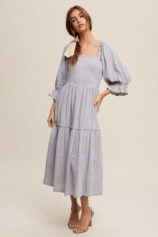 Kanna Ditzy Floral Embroidery Puff Sleeve Maxi Dress