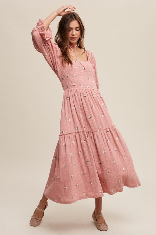 Kanna Ditzy Floral Embroidery Puff Sleeve Maxi Dress