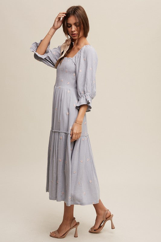 Kanna Ditzy Floral Embroidery Puff Sleeve Maxi Dress