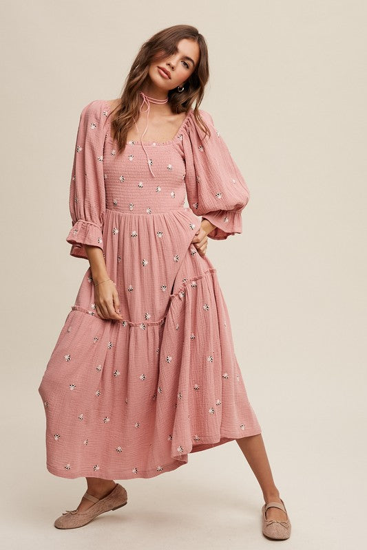 Kanna Ditzy Floral Embroidery Puff Sleeve Maxi Dress