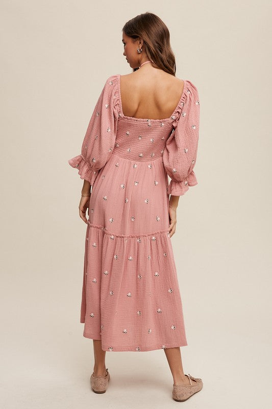 Kanna Ditzy Floral Embroidery Puff Sleeve Maxi Dress