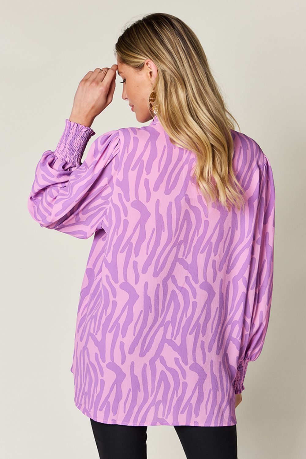 Isaac Double Take Printed Smocked Long Sleeve Blouse