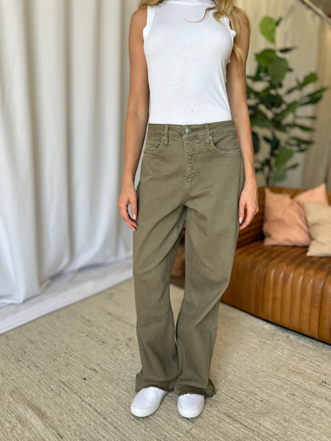 RFM High Rise Olive Garment Dye Wide Leg  Jeans