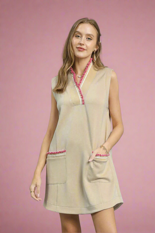Umgee Frill Contrast Trim Sleeveless Mini Dress