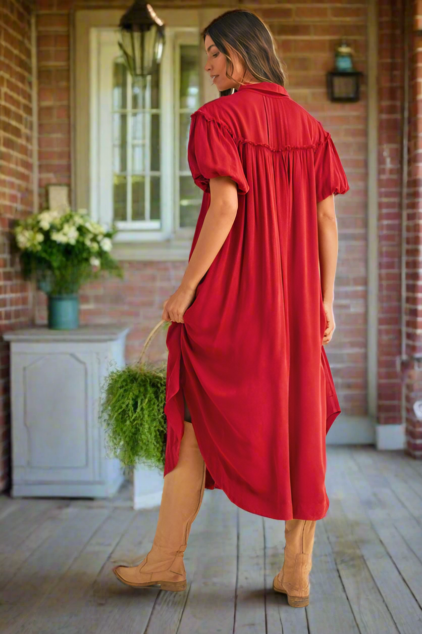 Annie Wear Mineral Washed Button Down Puff Sleeve Shirt Dress