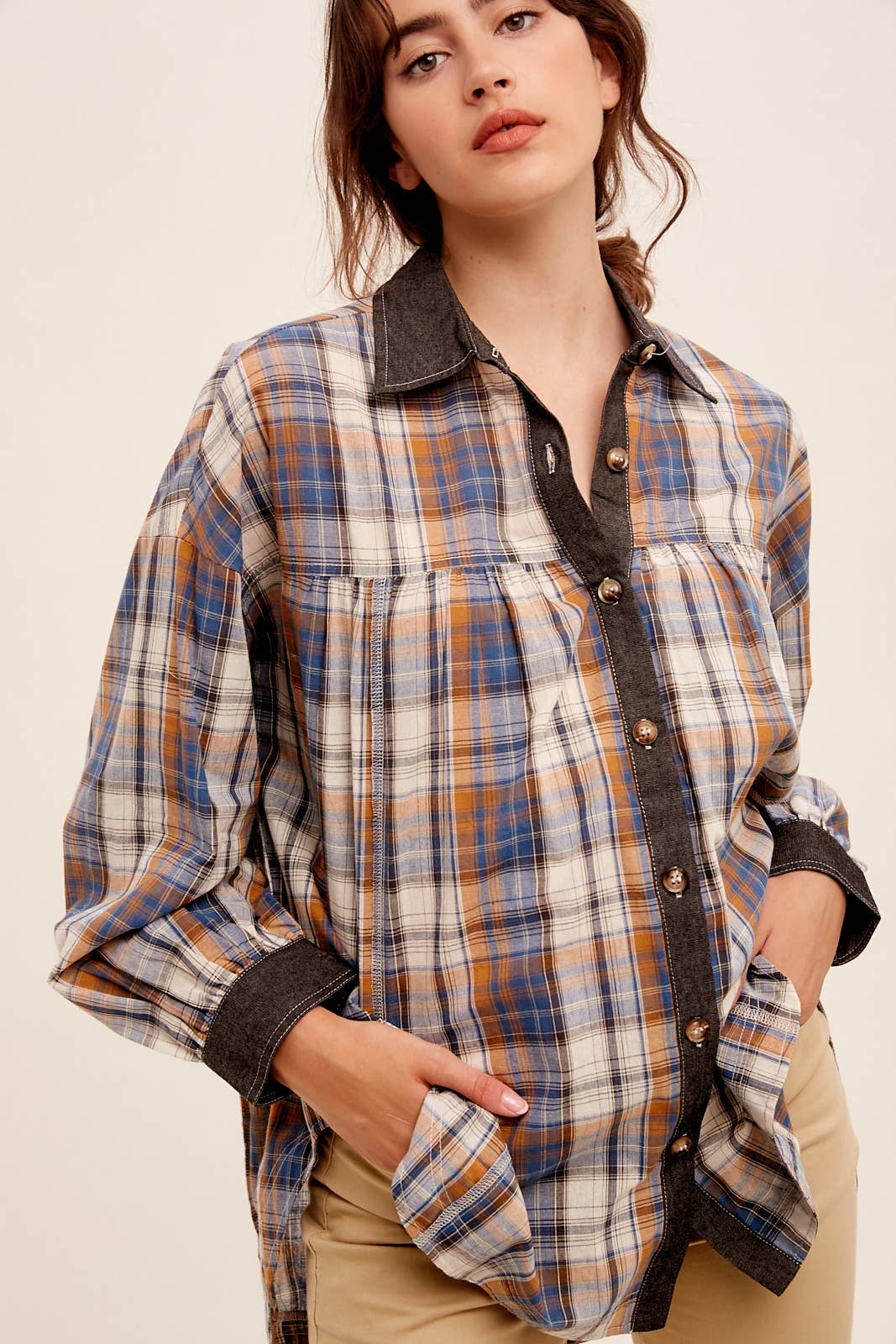 Mixed Plaid Oversized Button-Down Shirt